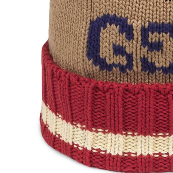 Gucci GG Monogram Dark Beige Red Cotton Beenie - Picture 5 of 12